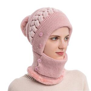 9944 Scarf Hats Set For Women,winter Warmer Beanie Hats One-piece Fleece Lined